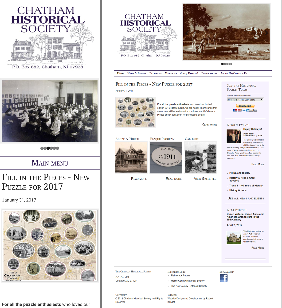 The Chatham Historical Society website, mobile and desktop versions